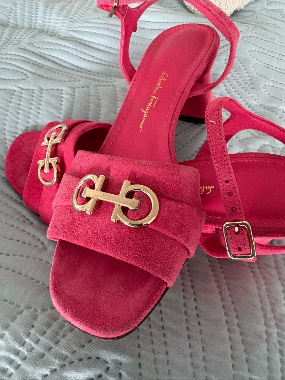 Salvatore Ferragamo Hot Pink Suede Block Heel Sandals with Gold Gancini